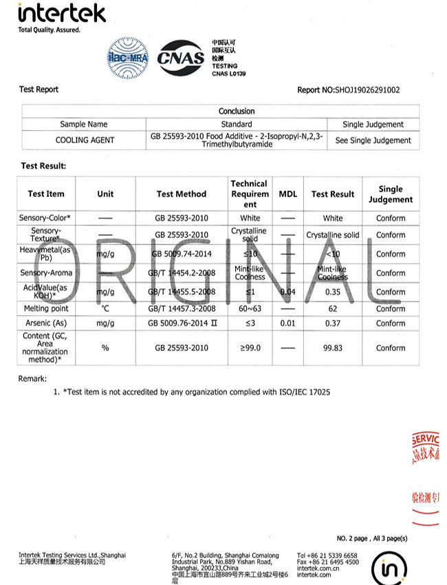 intertek certificate Cooling Agent WS 3 Powder white powder in toothpaste 2