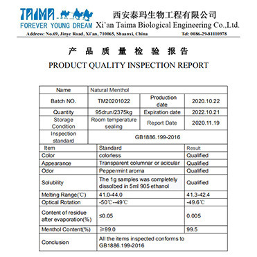 CAS 89-78-1 Menthol Crystals Food Grade Additives