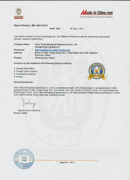 China Xi'an Taima Biological Engineering Co.Ltd certification